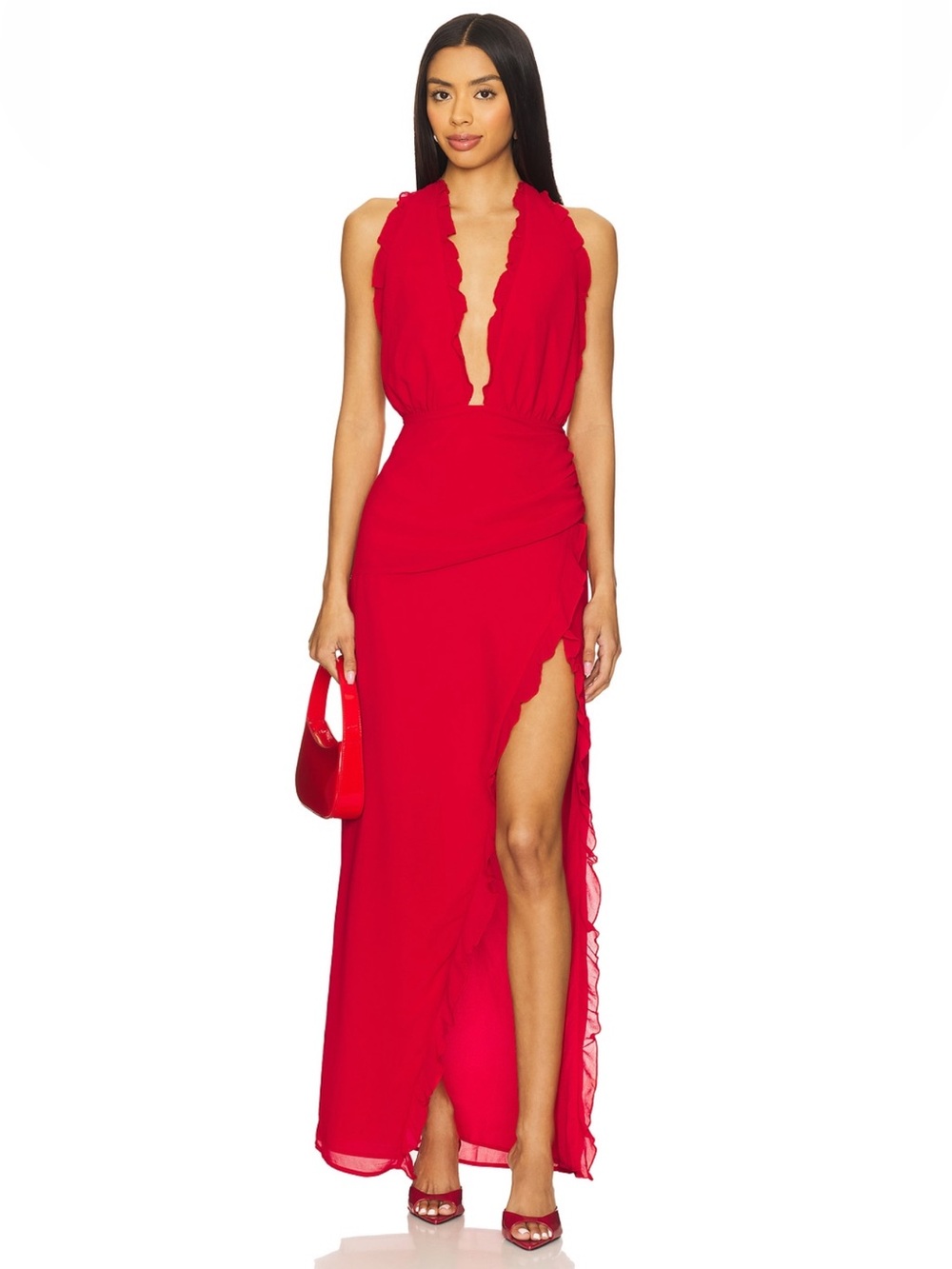 Red Scalloped Deep-V Halter Maxi Dress